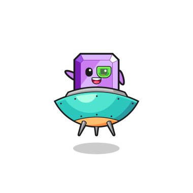 purple gemstone cartoon riding a future spaceship , cute design
