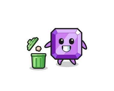 illustration of the purple gemstone throwing garbage in the trash can , cute design