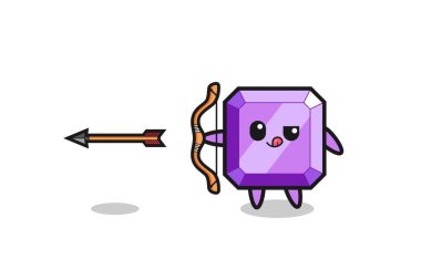 illustration of purple gemstone character doing archery , cute design