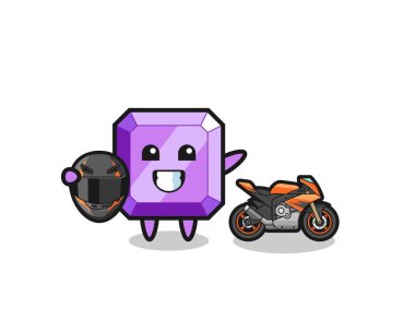 cute purple gemstone cartoon as a motorcycle racer , cute design