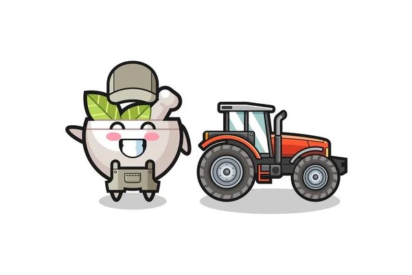 Herbal Bowl Farmer Mascot Standing Tractor Cute Design — Stock vektor