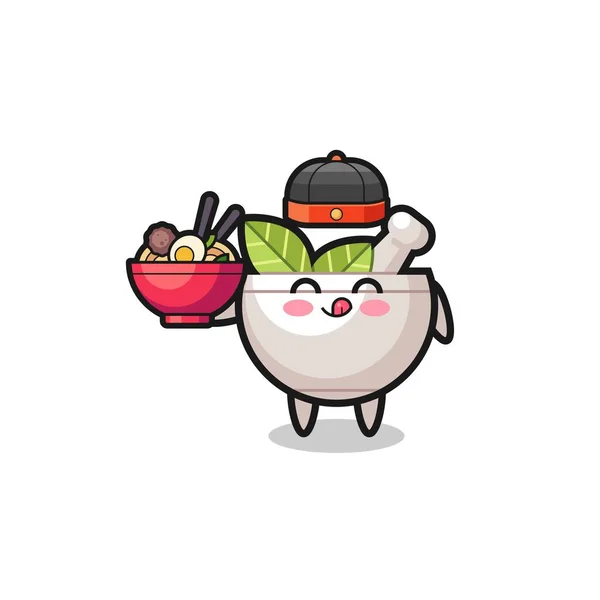 Herbal Bowl Chinese Chef Mascot Holding Noodle Bowl Cute Design — 스톡 벡터