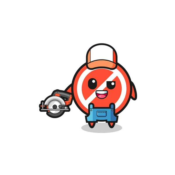 Woodworker Stop Sign Mascot Holding Circular Saw Cute Design — Wektor stockowy