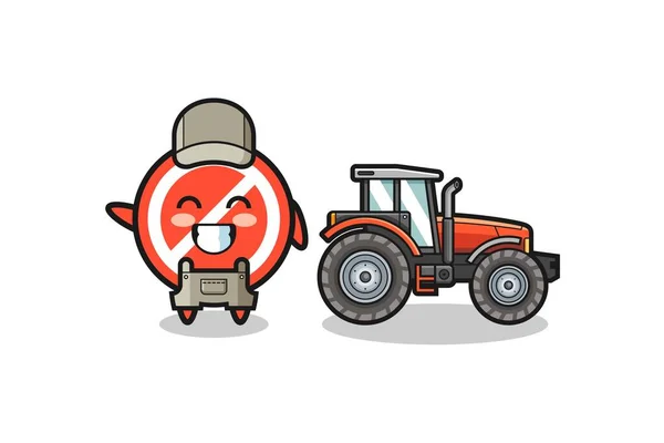 Stop Sign Farmer Mascot Standing Tractor Cute Design — Stock Vector