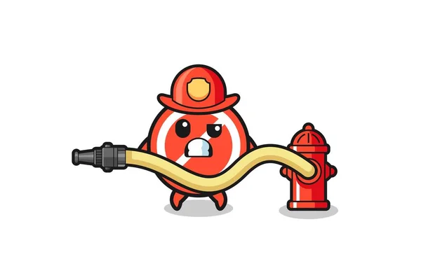 Stop Sign Cartoon Firefighter Mascot Water Hose Cute Design — стоковый вектор