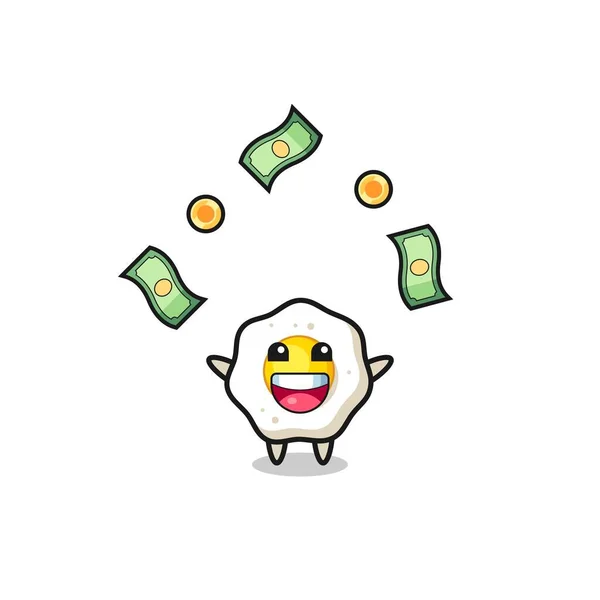 Illustration Fried Egg Catching Money Falling Sky Cute Design — Stock Vector
