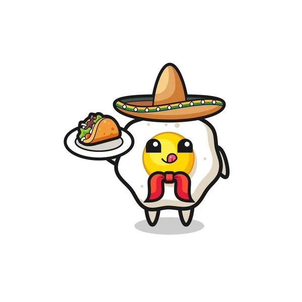 Fried Egg Mexican Chef Mascot Holding Taco Cute Design — ストックベクタ