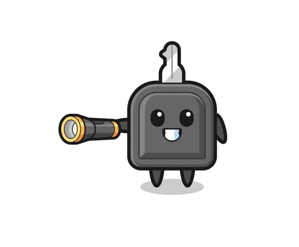 Car Key Mascot Holding Flashlight Cute Design — Stock Vector