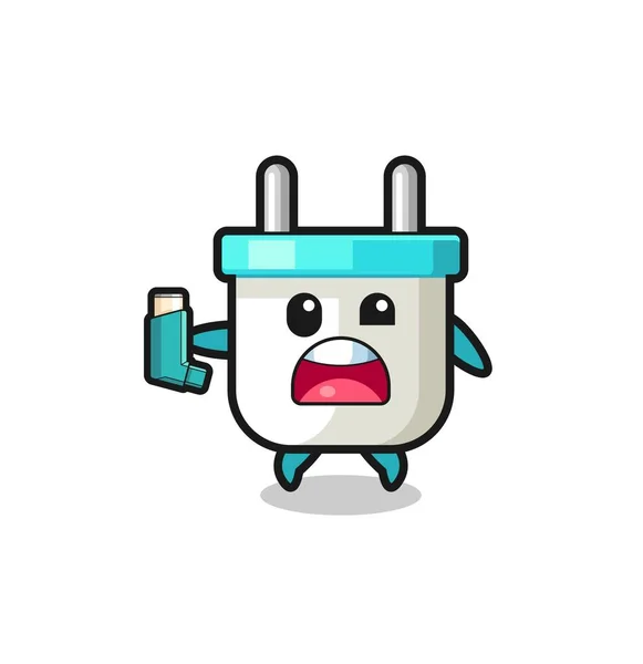 Electric Plug Mascot Having Asthma While Holding Inhaler Cute Design — ストックベクタ