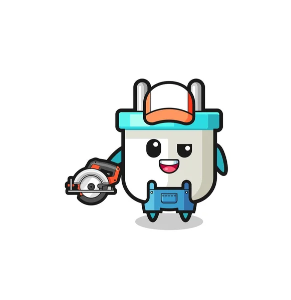 Woodworker Electric Plug Mascot Holding Circular Saw Cute Design — 图库矢量图片