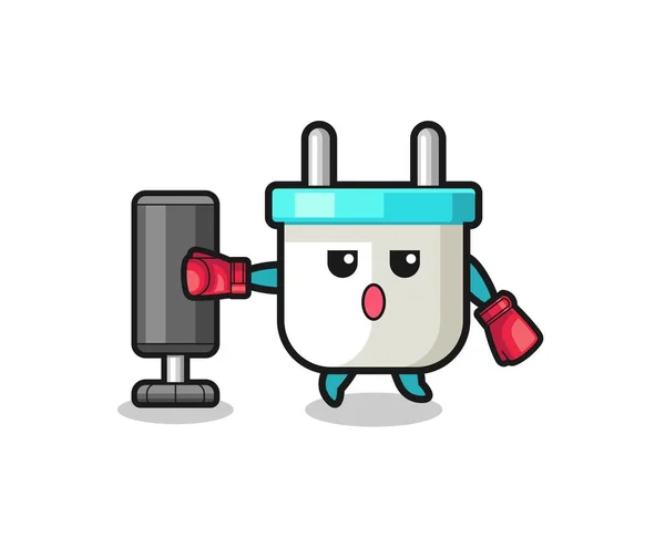 Electric Plug Boxer Cartoon Doing Training Punching Bag Cute Design — Wektor stockowy