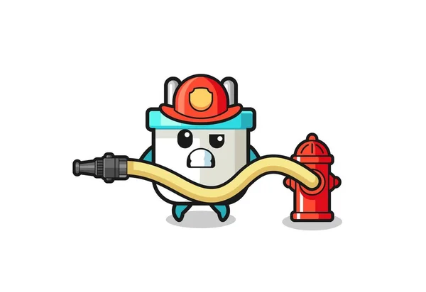 Electric Plug Cartoon Firefighter Mascot Water Hose Cute Design —  Vetores de Stock