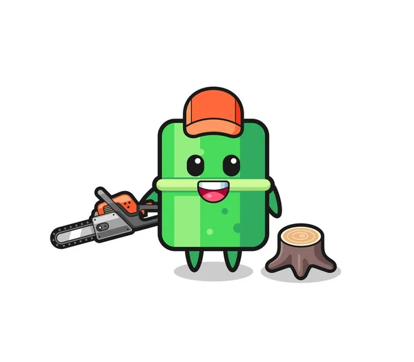 Bamboo Lumberjack Character Holding Chainsaw Cute Design — Stockvektor