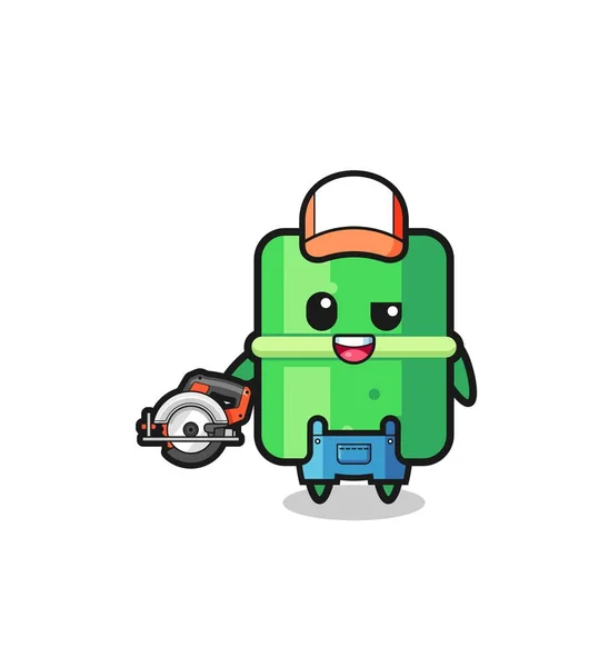 Woodworker Bamboo Mascot Holding Circular Saw Cute Design — Wektor stockowy