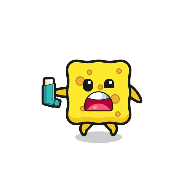 Sponge Mascot Having Asthma While Holding Inhaler Cute Design — Wektor stockowy