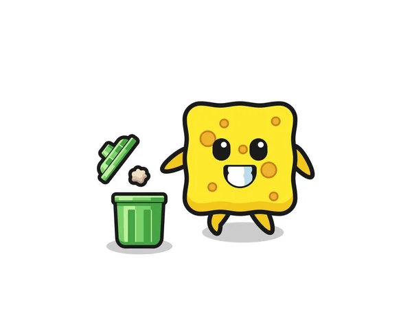 Illustration Sponge Throwing Garbage Trash Can Cute Design — Stockvector