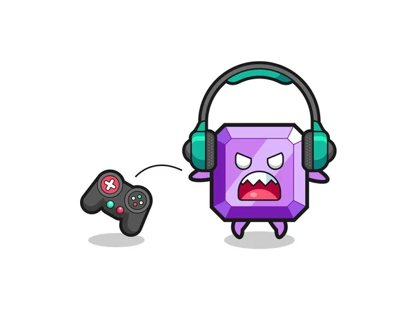 Purple Gemstone Gamer Mascot Angry Cute Design — Image vectorielle