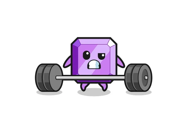 Cartoon Purple Gemstone Lifting Barbell Cute Design —  Vetores de Stock