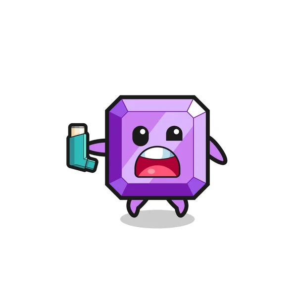 Purple Gemstone Mascot Having Asthma While Holding Inhaler Cute Design — стоковый вектор