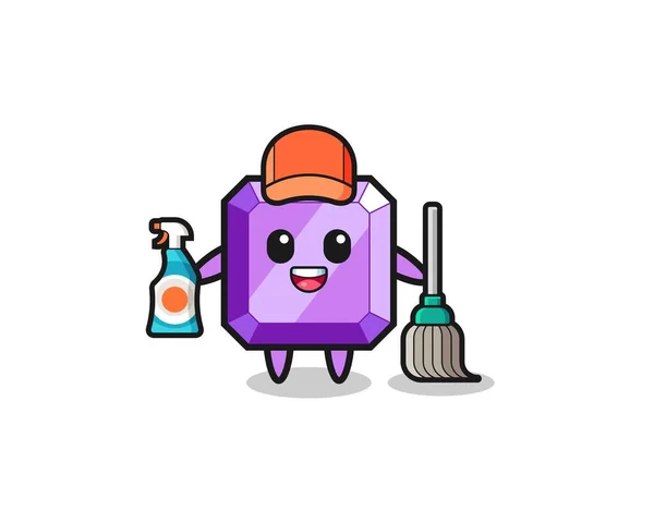 Cute Purple Gemstone Character Cleaning Services Mascot Cute Design —  Vetores de Stock