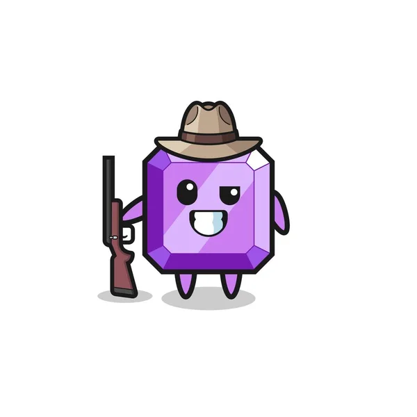 Purple Gemstone Hunter Mascot Holding Gun Cute Design — ストックベクタ