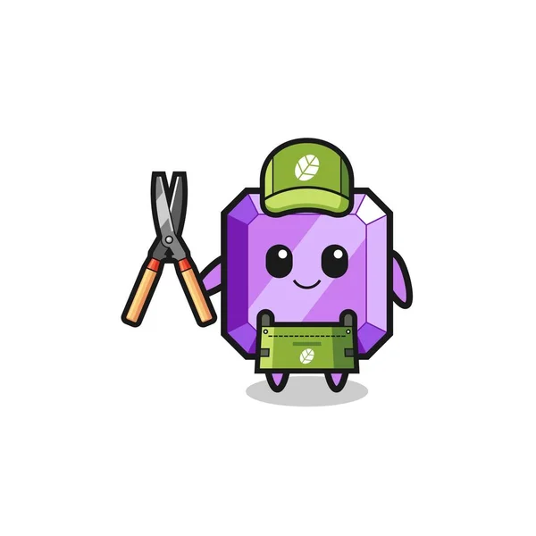 Cute Purple Gemstone Gardener Mascot Cute Design —  Vetores de Stock