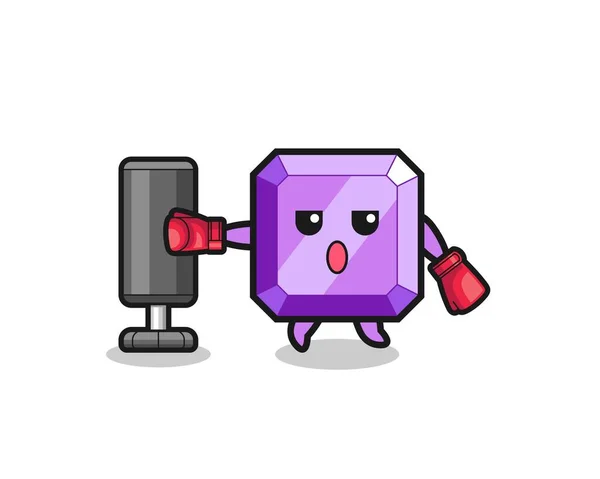 Purple Gemstone Boxer Cartoon Doing Training Punching Bag Cute Design — Wektor stockowy