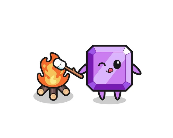 Purple Gemstone Character Burning Marshmallow Cute Design — Stok Vektör