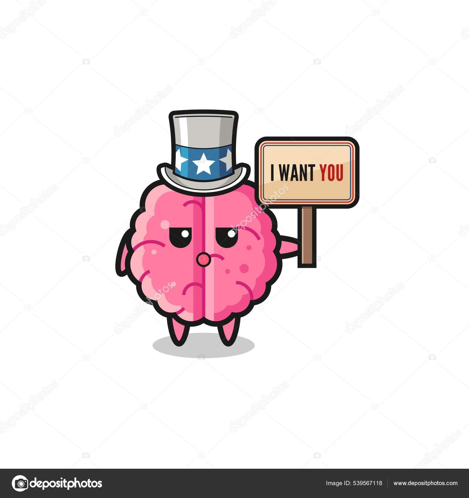 Brain Cartoon Uncle Sam Holding Banner Want You Cute Design.