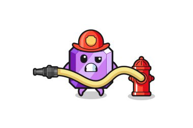purple gemstone cartoon as firefighter mascot with water hose , cute design