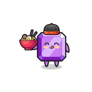purple gemstone as Chinese chef mascot holding a noodle bowl , cute design