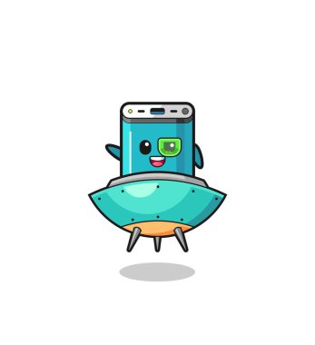 power bank cartoon riding a future spaceship , cute design