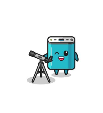 power bank astronomer mascot with a modern telescope , cute design