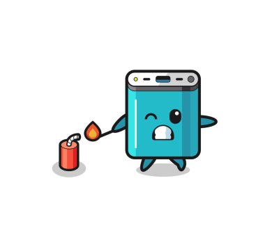 power bank mascot illustration playing firecracker , cute design