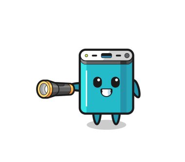 power bank mascot holding flashlight , cute design