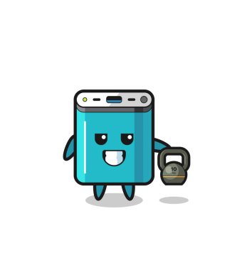 power bank mascot lifting kettlebell in the gym , cute design