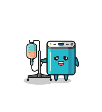 cute power bank character standing with infusion pole , cute design