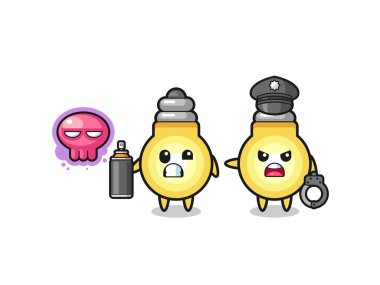 light bulb cartoon doing vandalism and caught by the police , cute design