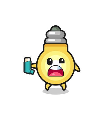 light bulb mascot having asthma while holding the inhaler , cute design