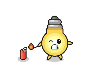 light bulb mascot illustration playing firecracker , cute design