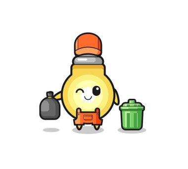 the mascot of cute light bulb as garbage collector , cute design
