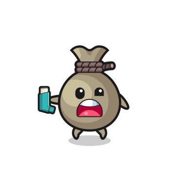 money sack mascot having asthma while holding the inhaler , cute design