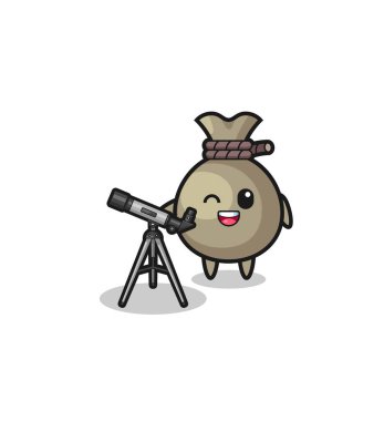 money sack astronomer mascot with a modern telescope , cute design