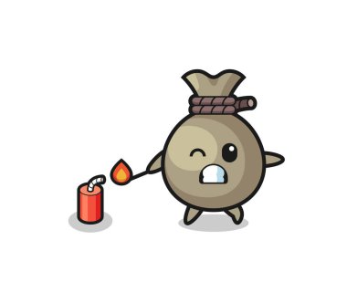money sack mascot illustration playing firecracker , cute design