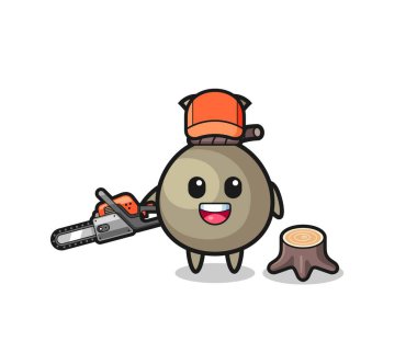 money sack lumberjack character holding a chainsaw , cute design