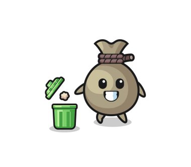 illustration of the money sack throwing garbage in the trash can , cute design