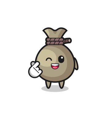 money sack character doing Korean finger heart , cute design