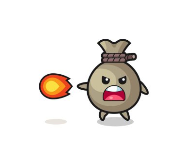 cute money sack mascot is shooting fire power , cute design