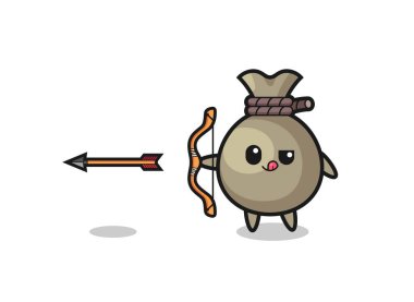illustration of money sack character doing archery , cute design
