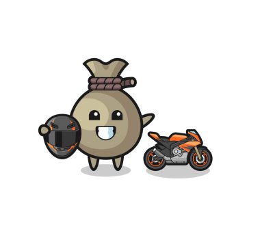 cute money sack cartoon as a motorcycle racer , cute design